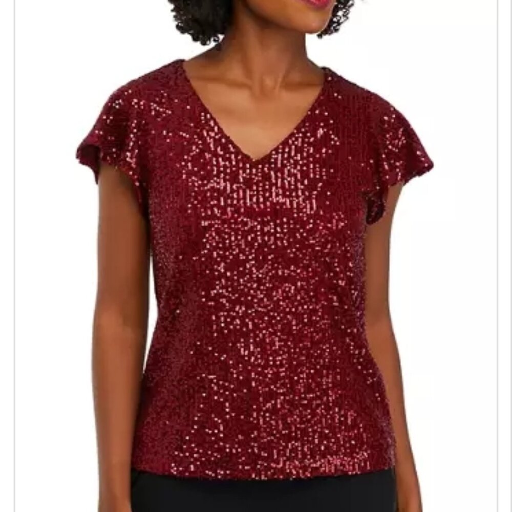 THE LIMITED Women's Flutter Sleeve Sequin Top - Size Medium - Christmas Blouse